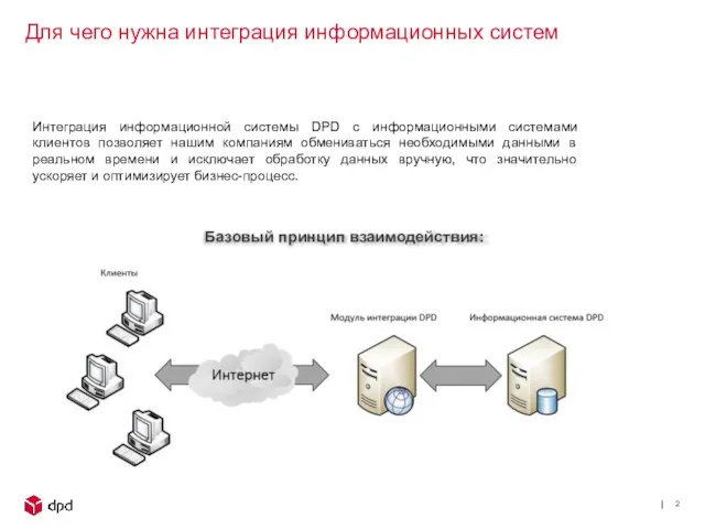 Интеграция информационной системы DPD с информационными системами клиентов позволяет нашим компаниям обмениваться