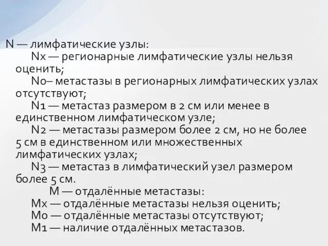 N — лимфатические узлы: Nx — регионарные лимфатические узлы нельзя оценить; N0–