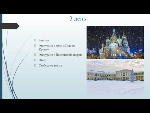 3 день Завтрак Экскурсия в храм «Спас-на–Крови» Экскурсия в Павловский дворец Обед Свободное время