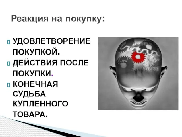 УДОВЛЕТВОРЕНИЕ ПОКУПКОЙ. ДЕЙСТВИЯ ПОСЛЕ ПОКУПКИ. КОНЕЧНАЯ СУДЬБА КУПЛЕННОГО ТОВАРА. Реакция на покупку: