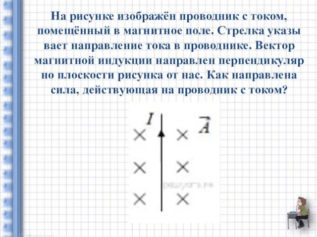 На ри­сун­ке изображён про­вод­ник с током, помещённый в маг­нит­ное поле. Стрел­ка ука­зы­ва­ет