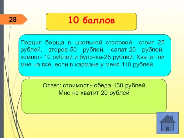 Ответ: стоимость обеда-130 рублей Мне не хватит 20 рублей 10 баллов 28