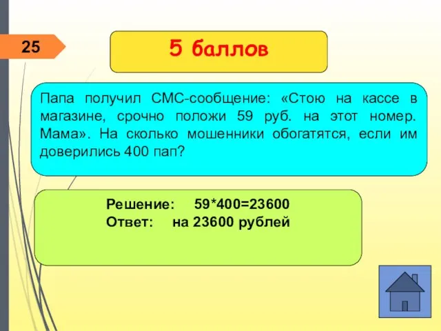 Решение: 59*400=23600 Ответ: на 23600 рублей 5 баллов Папа получил СМС-сообщение: «Стою