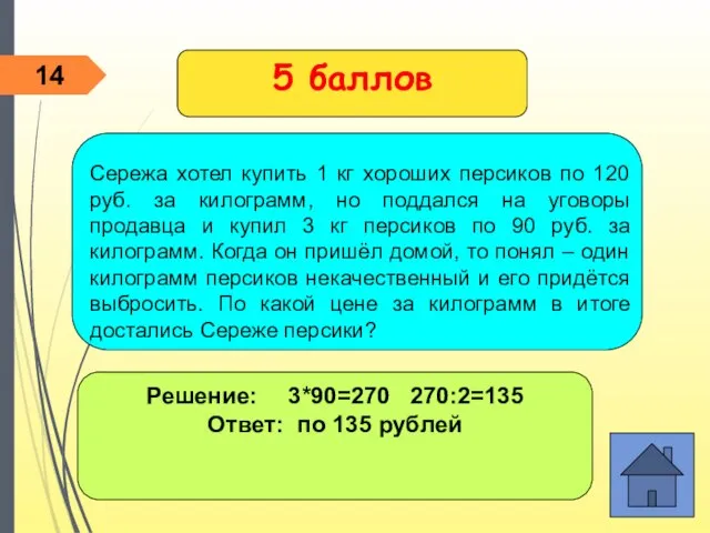 5 баллов Решение: 3*90=270 270:2=135 Ответ: по 135 рублей 14 Сережа хотел