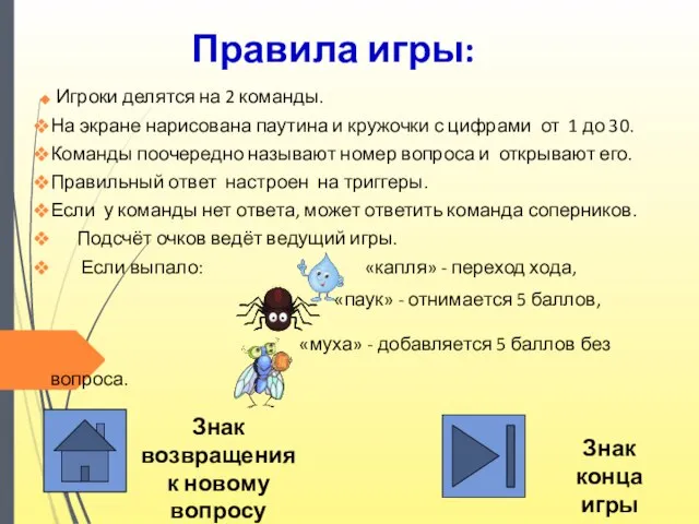 Игроки делятся на 2 команды. На экране нарисована паутина и кружочки с