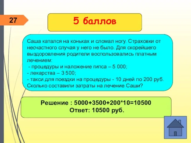 Решение : 5000+3500+200*10=10500 Ответ: 10500 руб. 5 баллов Саша катался на коньках