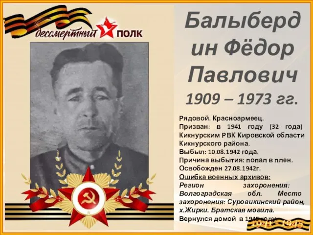 Балыбердин Фёдор Павлович 1909 – 1973 гг. Рядовой. Красноармеец. Призван: в 1941