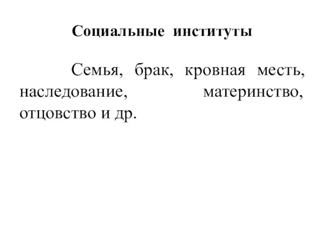 Социальные институты Семья, брак, кровная месть, наследование, материнство, отцовство и др.