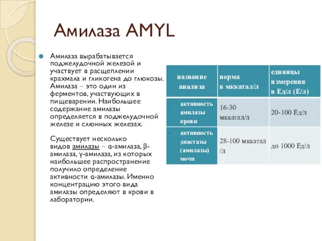 Амилаза AMYL Амилаза вырабатывается поджелудочной железой и участвует в расщеплении крахмала и