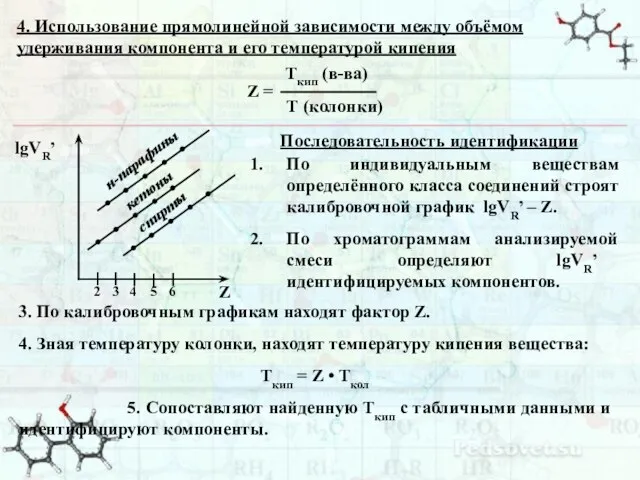 4. Использование прямолинейной зависимости между объёмом удерживания компонента и его температурой кипения