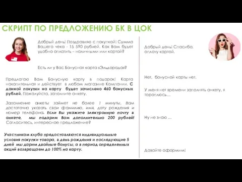 СКРИПТ ПО ПРЕДЛОЖЕНИЮ БК В ЦОК Добрый день! Поздравляю с покупкой! Сумма