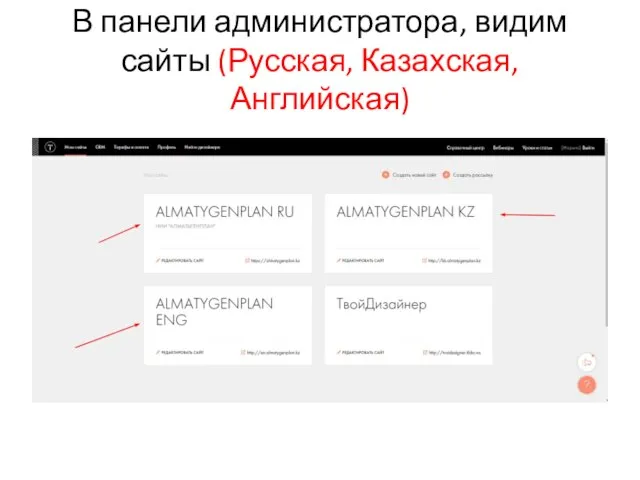 В панели администратора, видим сайты (Русская, Казахская, Английская)