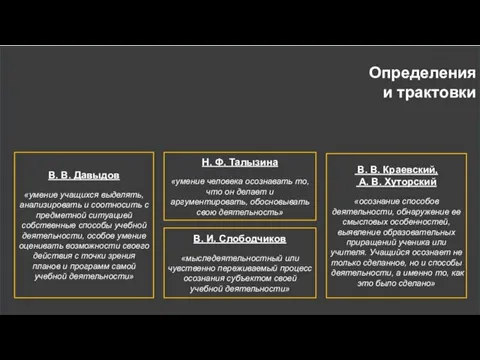 Определения и трактовки В. В. Давыдов «умение учащихся выделять, анализировать и соотносить