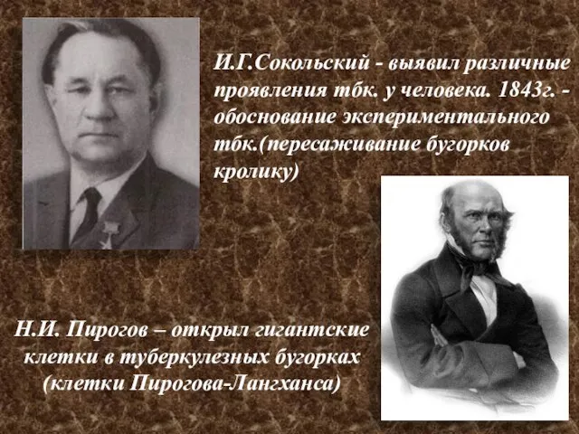 И.Г.Сокольский - выявил различные проявления тбк. у человека. 1843г. - обоснование экспериментального