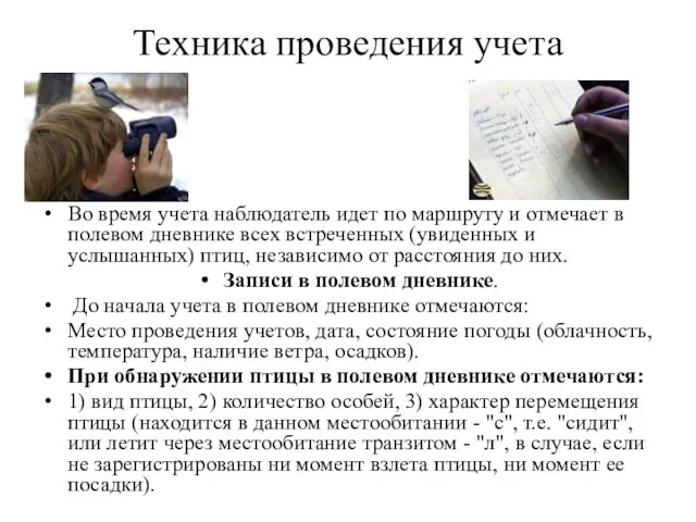 Техника проведения учета Во время учета наблюдатель идет по маршруту и отмечает