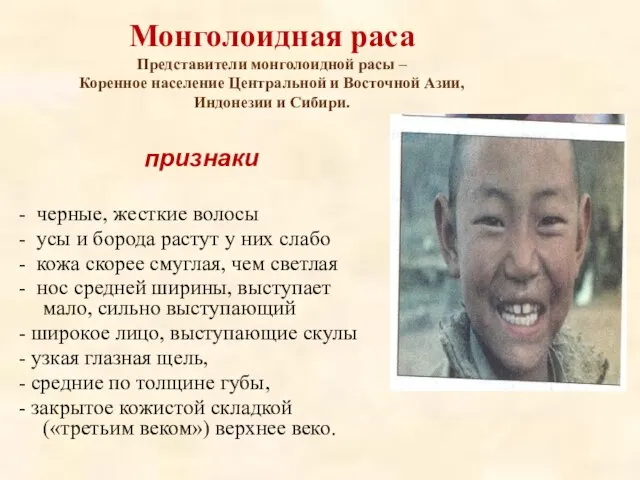 Монголоидная раса Представители монголоидной расы – Коренное население Центральной и Восточной Азии,