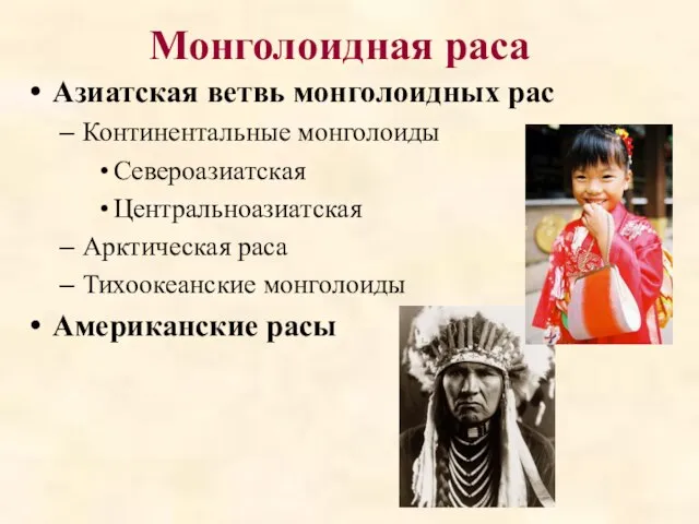 Монголоидная раса Азиатская ветвь монголоидных рас Континентальные монголоиды Североазиатская Центральноазиатская Арктическая раса Тихоокеанские монголоиды Американские расы