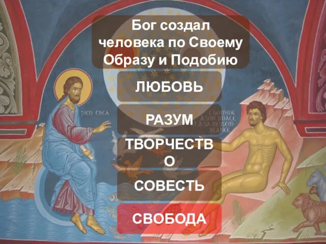 Бог создал человека по Своему Образу и Подобию ЛЮБОВЬ РАЗУМ ТВОРЧЕСТВО СОВЕСТЬ СВОБОДА