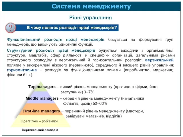 Функціональний розподіл праці менеджерів базується на формуванні груп менеджерів, що виконують однотипні