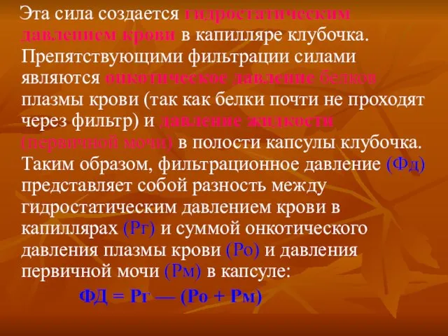 Эта сила создается гидростатическим давлением крови в капилляре клубочка. Препятствующими фильтрации силами