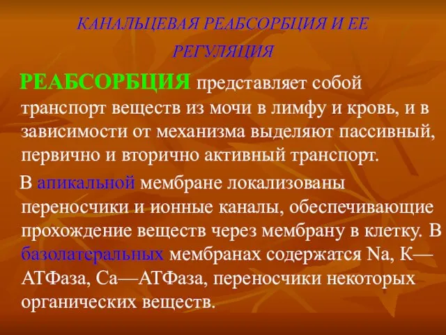 КАНАЛЬЦЕВАЯ РЕАБСОРБЦИЯ И ЕЕ РЕГУЛЯЦИЯ РЕАБСОРБЦИЯ представляет собой транспорт веществ из мочи