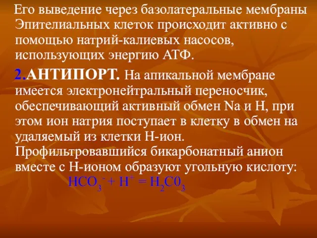 Его выведение через базолатеральные мембраны Эпителиальных клеток происходит активно с помощью натрий-калиевых