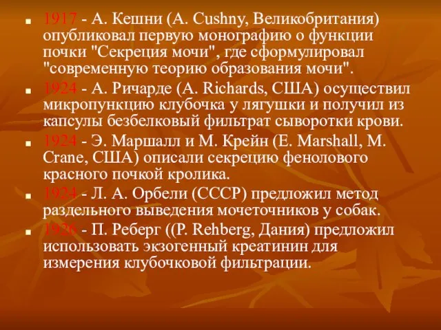 1917 - А. Кешни (A. Cushny, Великобритания) опубликовал первую монографию о функции