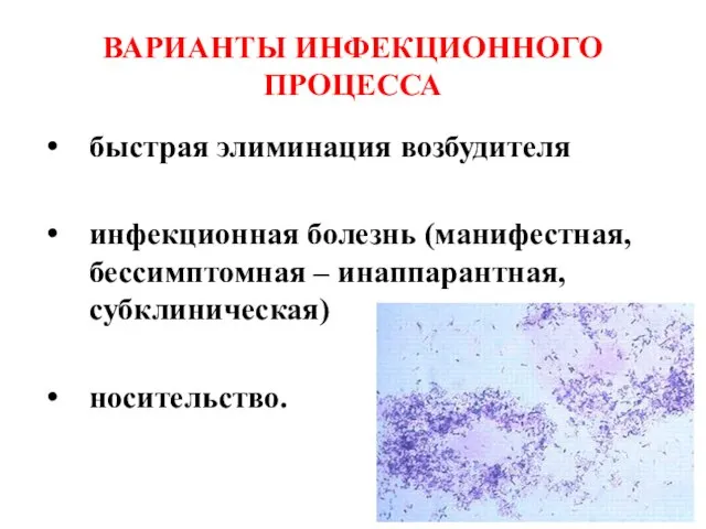 ВАРИАНТЫ ИНФЕКЦИОННОГО ПРОЦЕССА быстрая элиминация возбудителя инфекционная болезнь (манифестная, бессимптомная – инаппарантная, субклиническая) носительство.