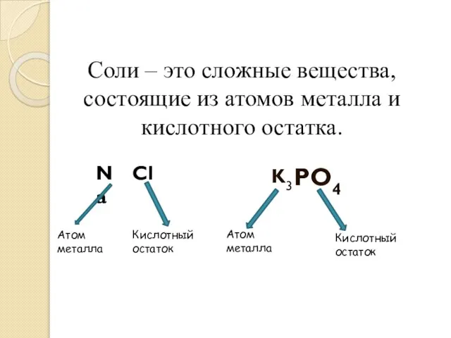 Соли – это сложные вещества, состоящие из атомов металла и кислотного остатка. PO4 K3