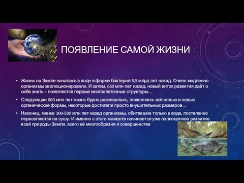 ПОЯВЛЕНИЕ САМОЙ ЖИЗНИ Жизнь на Земле началась в воде в форме бактерий