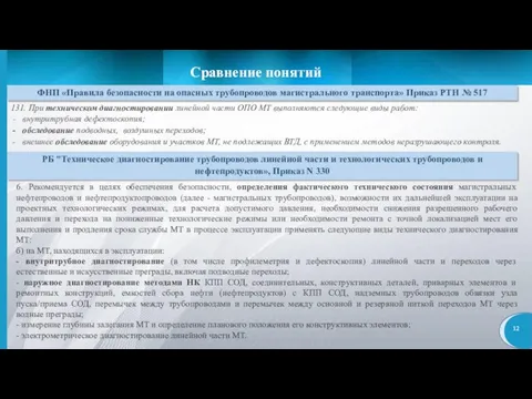 Сравнение понятий ФНП «Правила безопасности на опасных трубопроводов магистрального транспорта» Приказ РТН