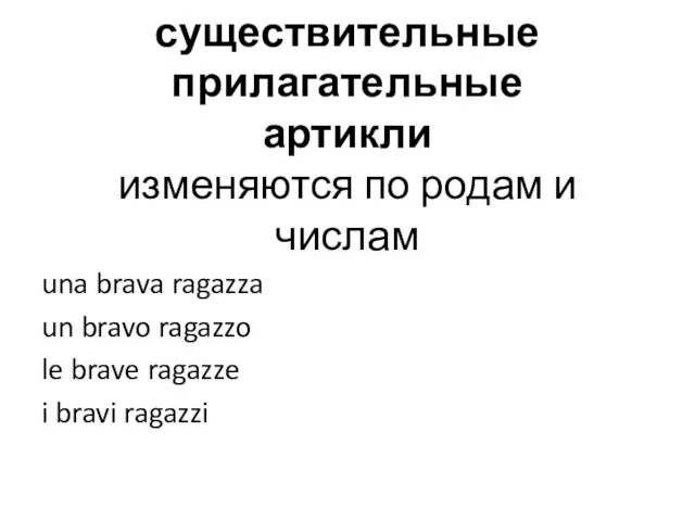 существительные прилагательные артикли изменяются по родам и числам una brava ragazza un