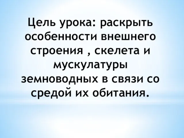 Цель урока: раскрыть особенности внешнего строения , скелета и мускулатуры земноводных в