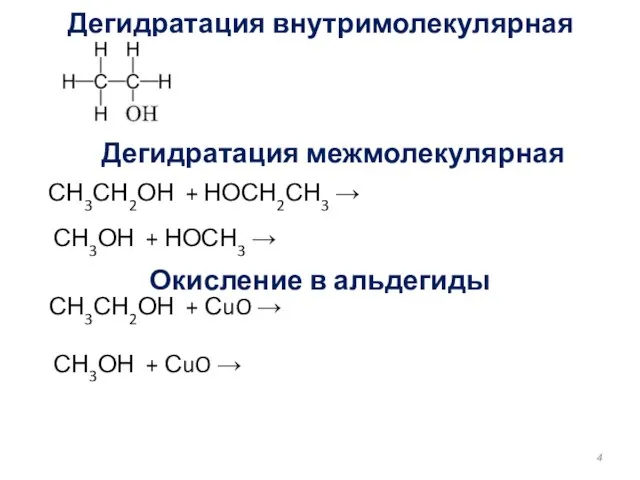 Дегидратация внутримолекулярная СН3СН2ОН + НОСН2СН3 → Окисление в альдегиды СН3СН2ОН + СuO