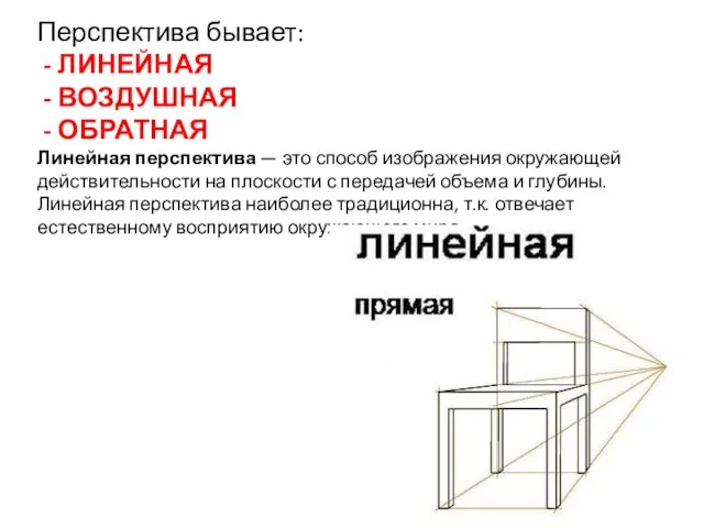 Перспектива бывает: - ЛИНЕЙНАЯ - ВОЗДУШНАЯ - ОБРАТНАЯ Линейная перспектива — это