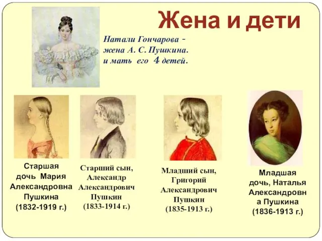 Жена и дети Старшая дочь Мария Александровна Пушкина (1832-1919 г.) Старший сын,