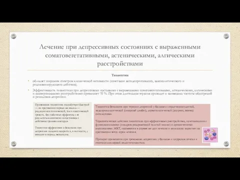 Лечение при депрессивных состояниях с выраженными соматовегетативными, астеническими, алгическими расстройствами Тианептин обладает