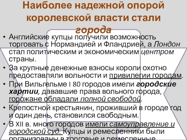 Наиболее надежной опорой королевской власти стали города Английские купцы получили возможность торговать