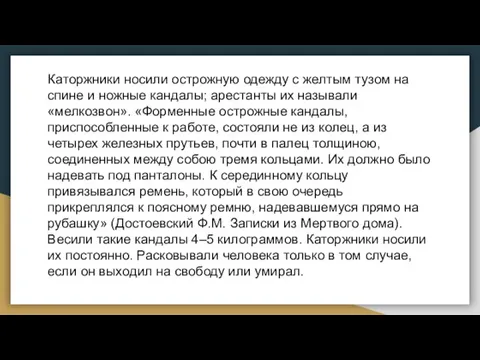 Каторжники носили острожную одежду с желтым тузом на спине и ножные кандалы;