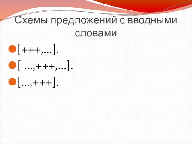 Схемы предложений с вводными словами [+++,…]. [ …,+++,…]. […,+++].