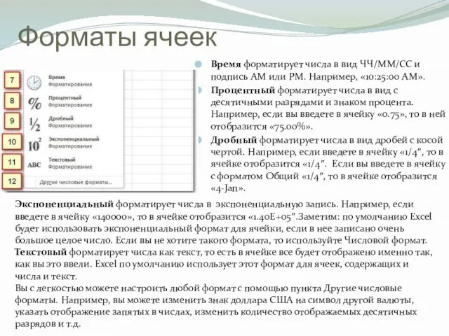 Форматы ячеек Время форматирует числа в вид ЧЧ/MM/СС и подпись AM или