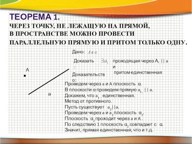 ТЕОРЕМА 1. ЧЕРЕЗ ТОЧКУ, НЕ ЛЕЖАЩУЮ НА ПРЯМОЙ, В ПРОСТРАНСТВЕ МОЖНО ПРОВЕСТИ