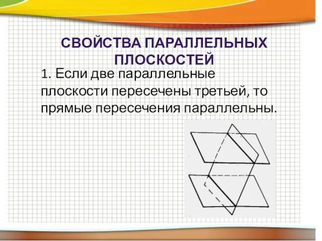 СВОЙСТВА ПАРАЛЛЕЛЬНЫХ ПЛОСКОСТЕЙ 1. Если две параллельные плоскости пересечены третьей, то прямые пересечения параллельны.