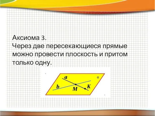 Аксиома 3. Через две пересекающиеся прямые можно провести плоскость и притом только одну.