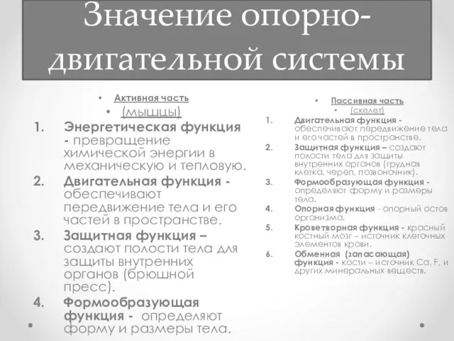 Значение опорно-двигательной системы Активная часть (мышцы) Энергетическая функция - превращение химической энергии