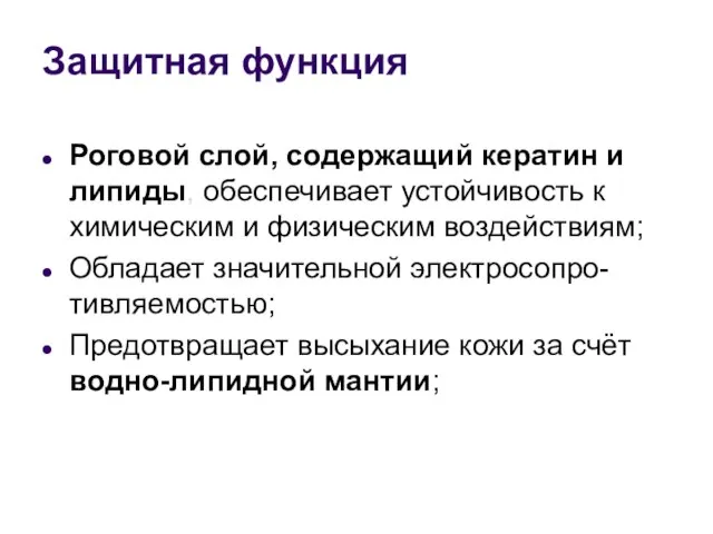 Защитная функция Роговой слой, содержащий кератин и липиды, обеспечивает устойчивость к химическим