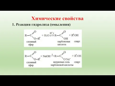 Химические свойства 1. Реакция гидролиза (омыления)