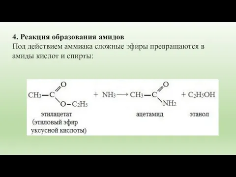 4. Реакция образования амидов Под действием аммиака сложные эфиры превращаются в амиды кислот и спирты:
