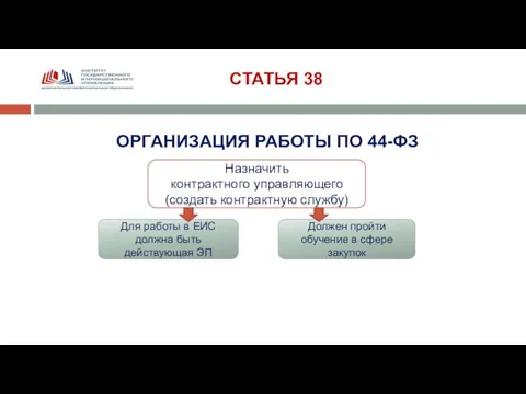 СТАТЬЯ 38 ОРГАНИЗАЦИЯ РАБОТЫ ПО 44-ФЗ