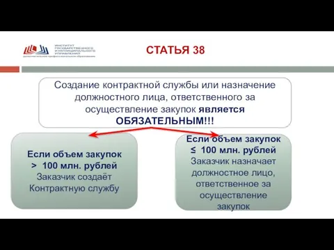 СТАТЬЯ 38 Создание контрактной службы или назначение должностного лица, ответственного за осуществление